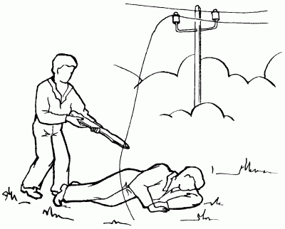 Contacto abierto entre el hombre y el cable eléctrico.