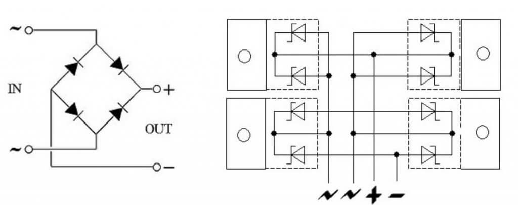 Bridge from 4 Schottky assemblies with a common cathode