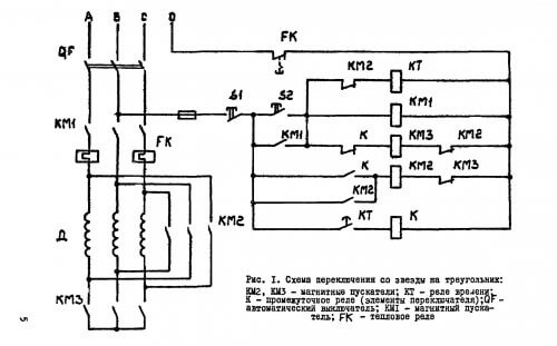 The switching circuit of the windings when starting the engine: KM-2 collects the 